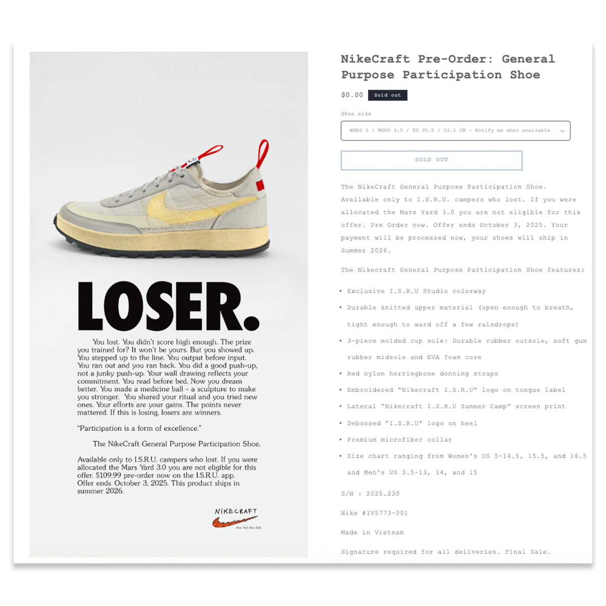 Nike × Tom Sachs  025 NikeCraft General Purpose I.S.R.U. Participation Shoe