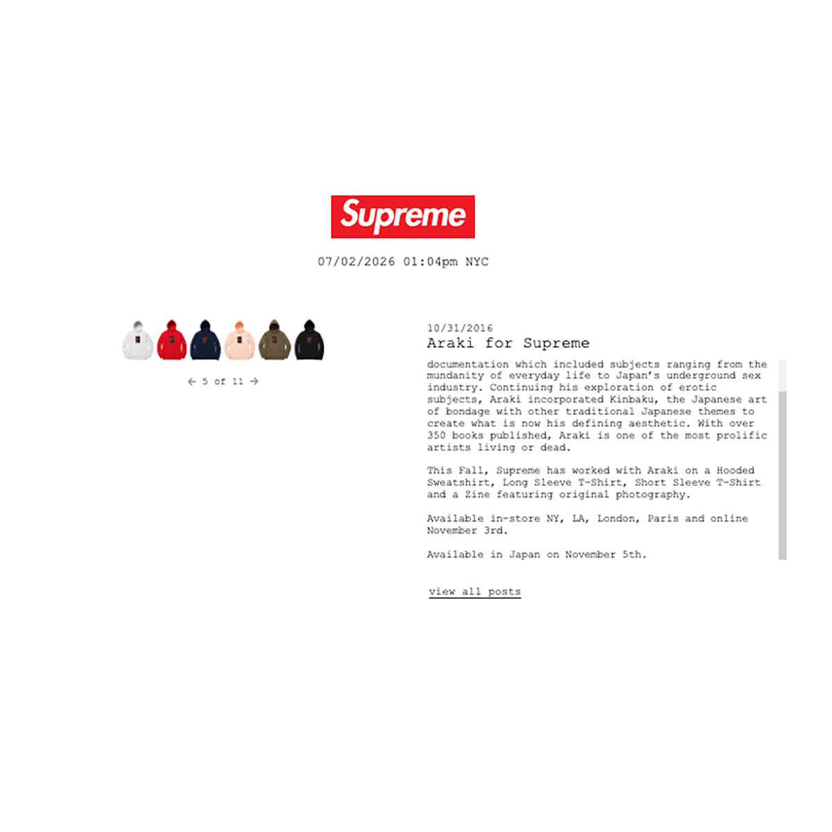 Supreme FW16 Araki Rose Hoodie