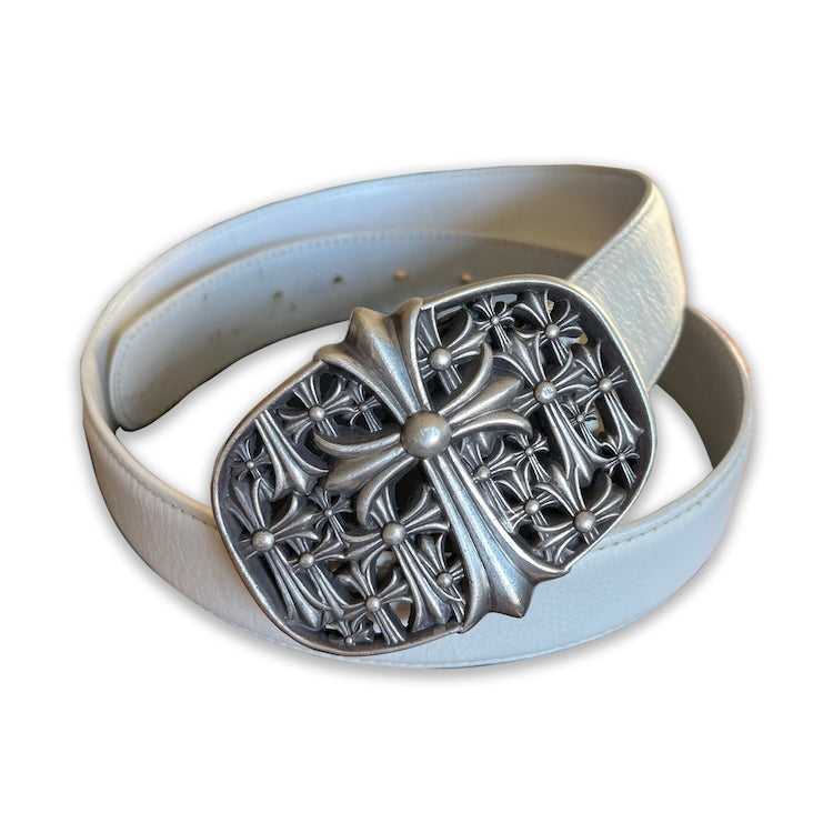 Chrome Hearts Cemetery Belt Buckle & White Leather Belt