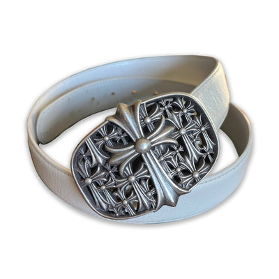 Chrome Hearts Cemetery Belt Buckle & White Leather Belt