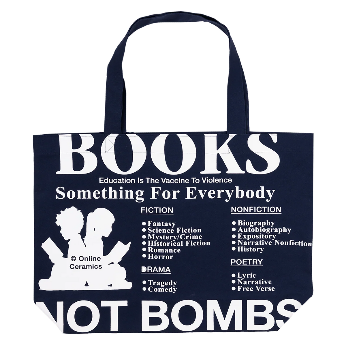 Online Ceramics FW26 Books Not Bombs Navy Tote Bag