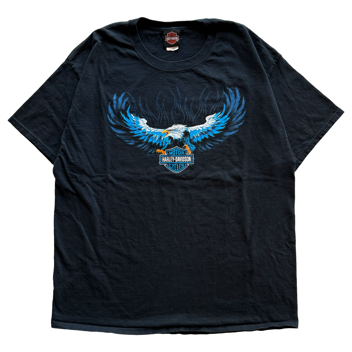 Vintage 2013 Harley Davidson Blue Flame Eagle Motorcycle Tee