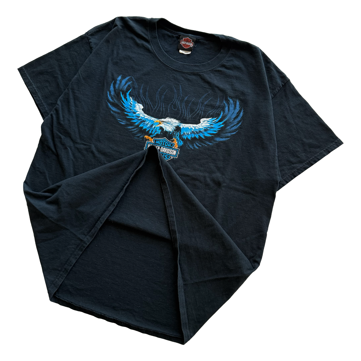 Vintage 2013 Harley Davidson Blue Flame Eagle Motorcycle Tee
