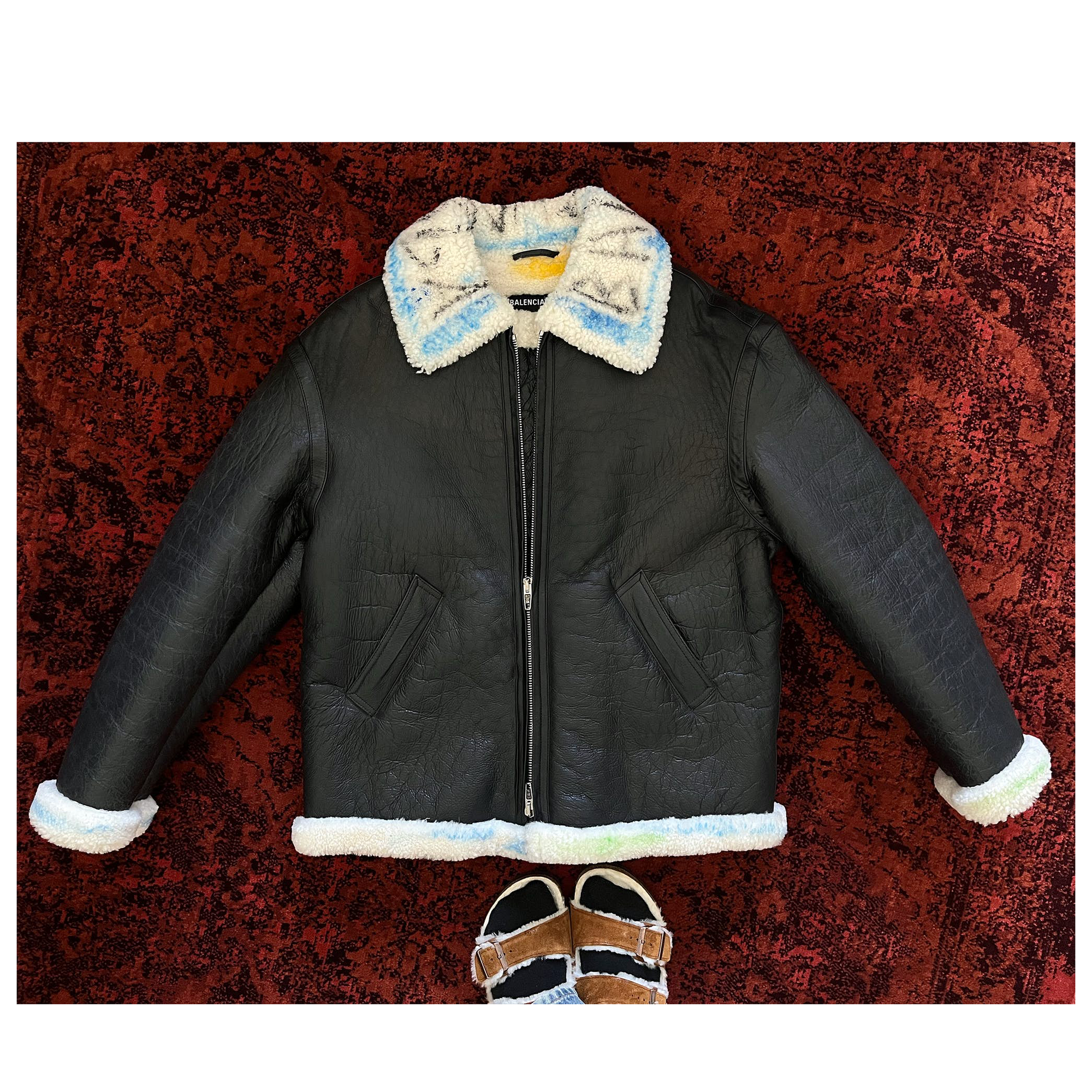 Balenciaga $6000 Graffiti Painted Shearling Leather Jacket