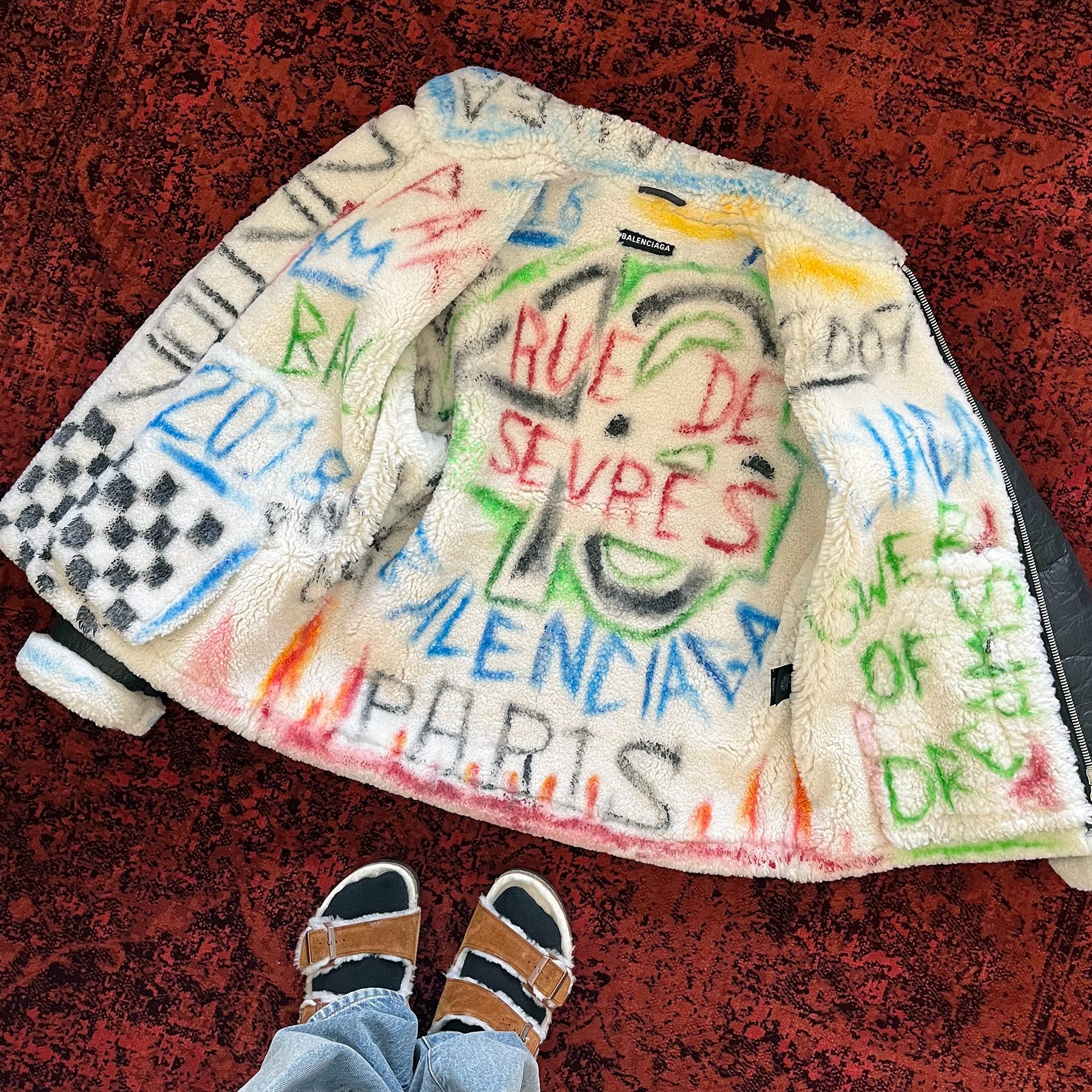 Balenciaga $6000 Graffiti Painted Shearling Leather Jacket