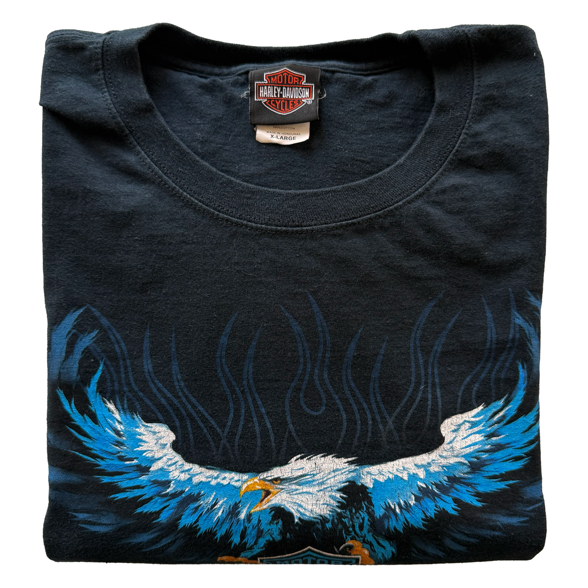 Vintage 2013 Harley Davidson Blue Flame Eagle Motorcycle Tee