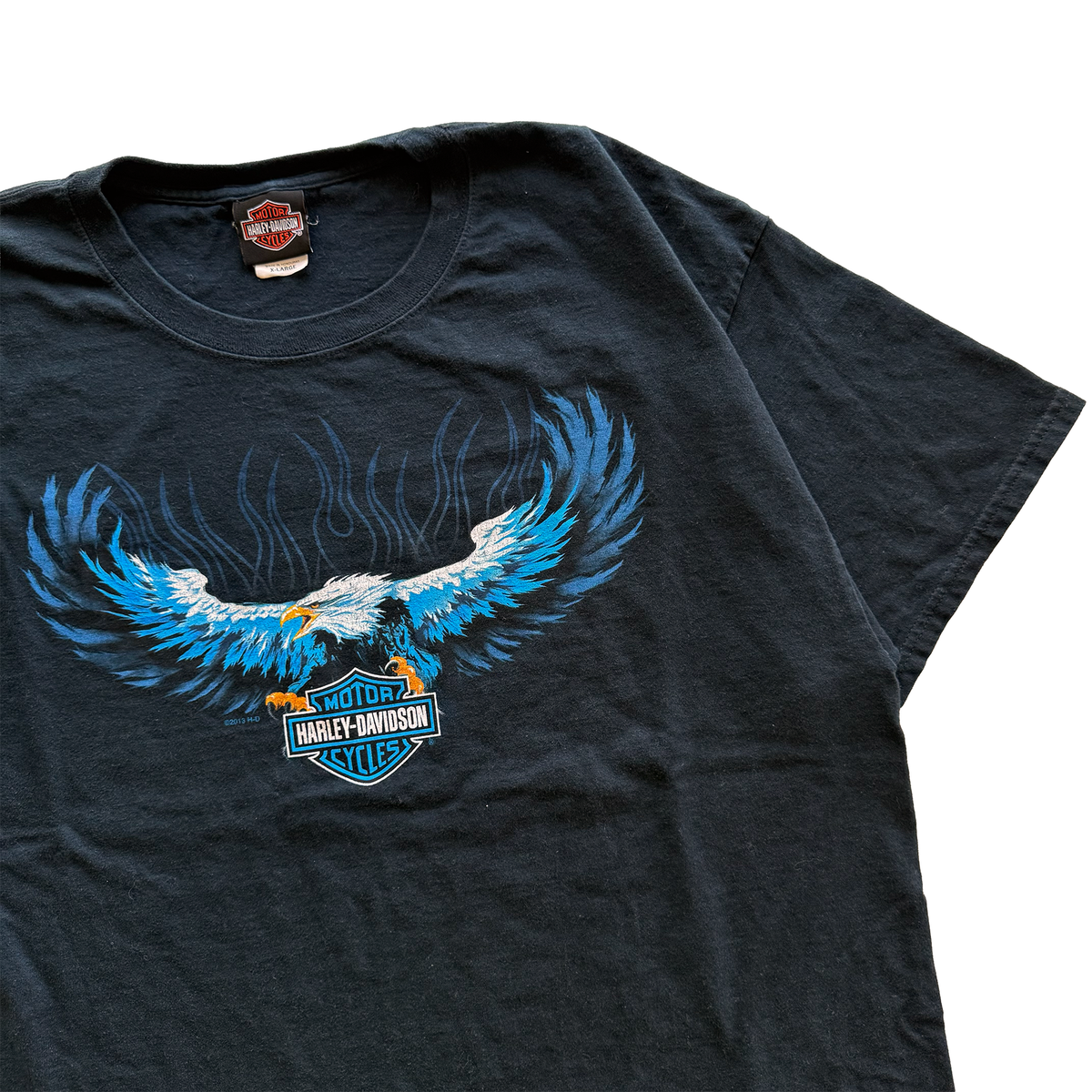 Vintage 2013 Harley Davidson Blue Flame Eagle Motorcycle Tee