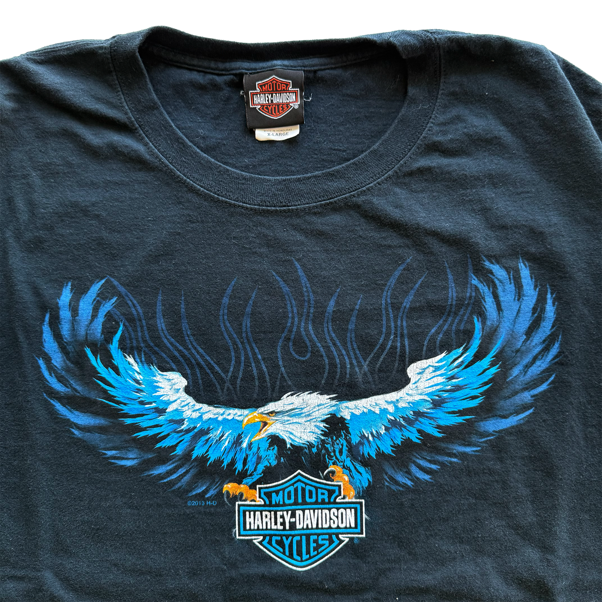 Vintage 2013 Harley Davidson Blue Flame Eagle Motorcycle Tee