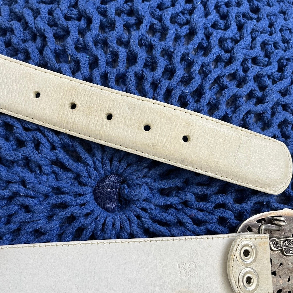 Chrome Hearts Cemetery Belt Buckle & White Leather Belt