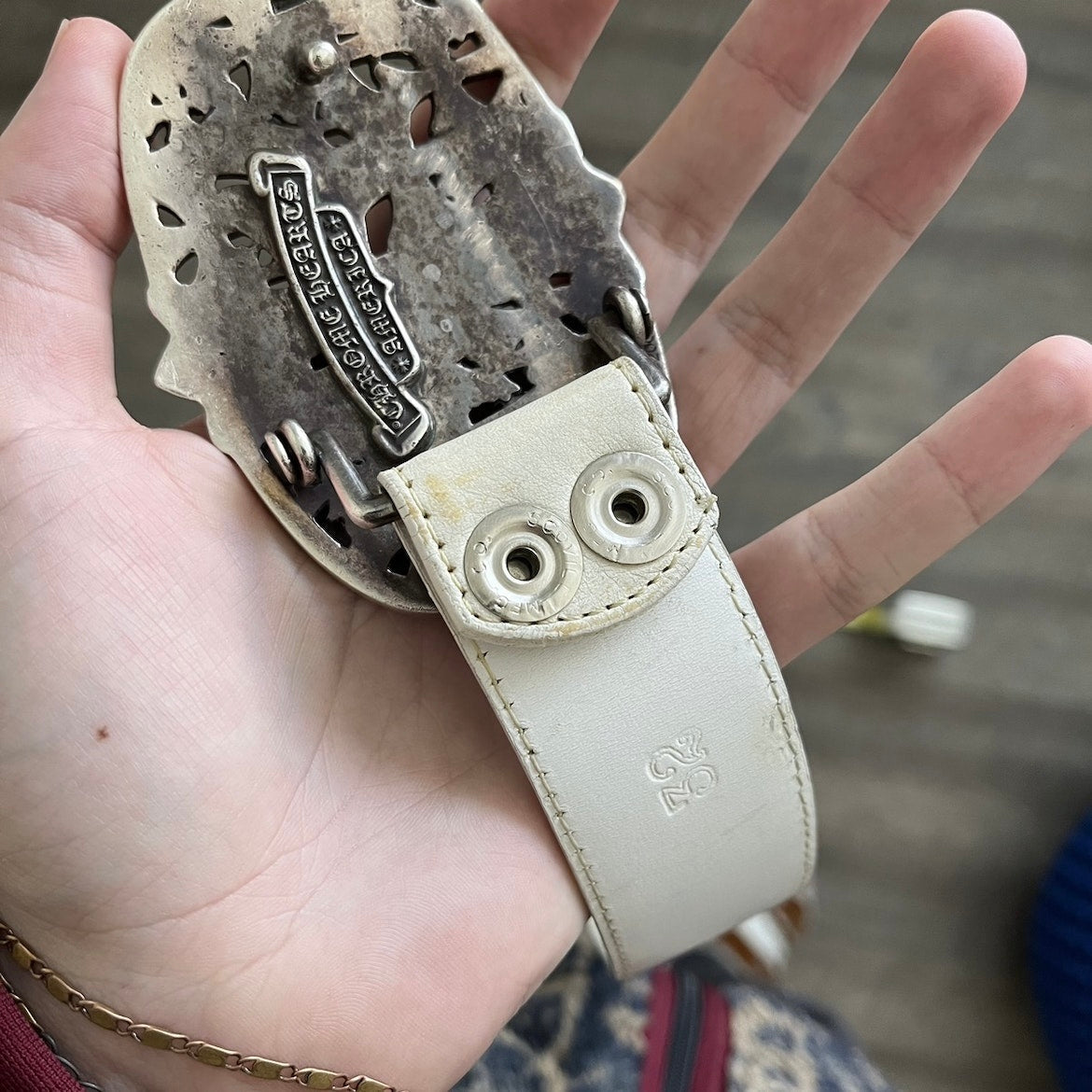 Chrome Hearts Cemetery Belt Buckle & White Leather Belt