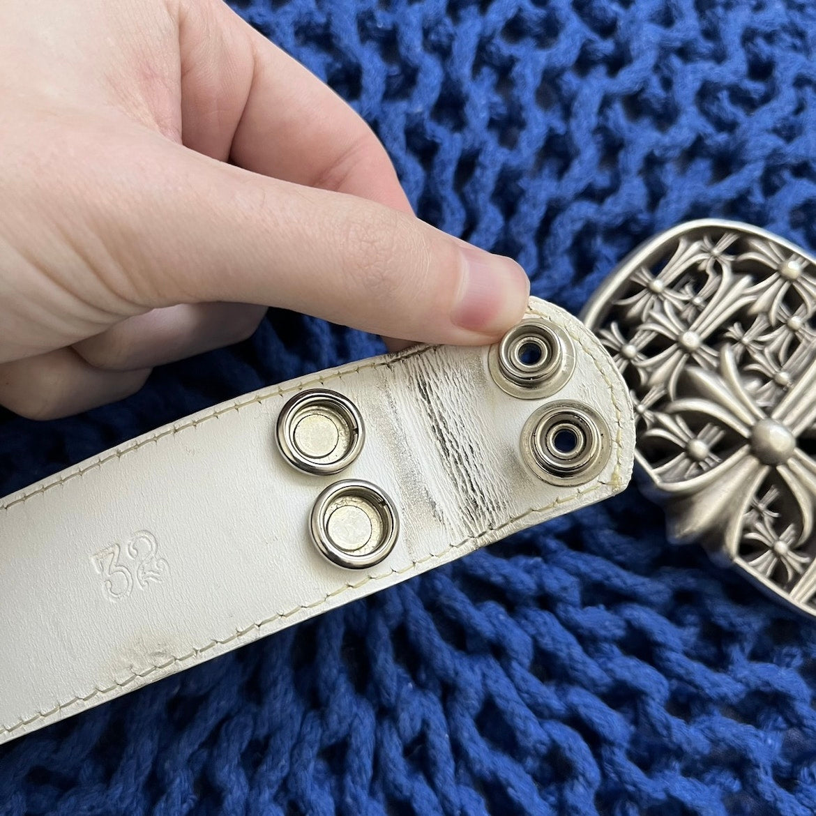 Chrome Hearts Cemetery Belt Buckle & White Leather Belt