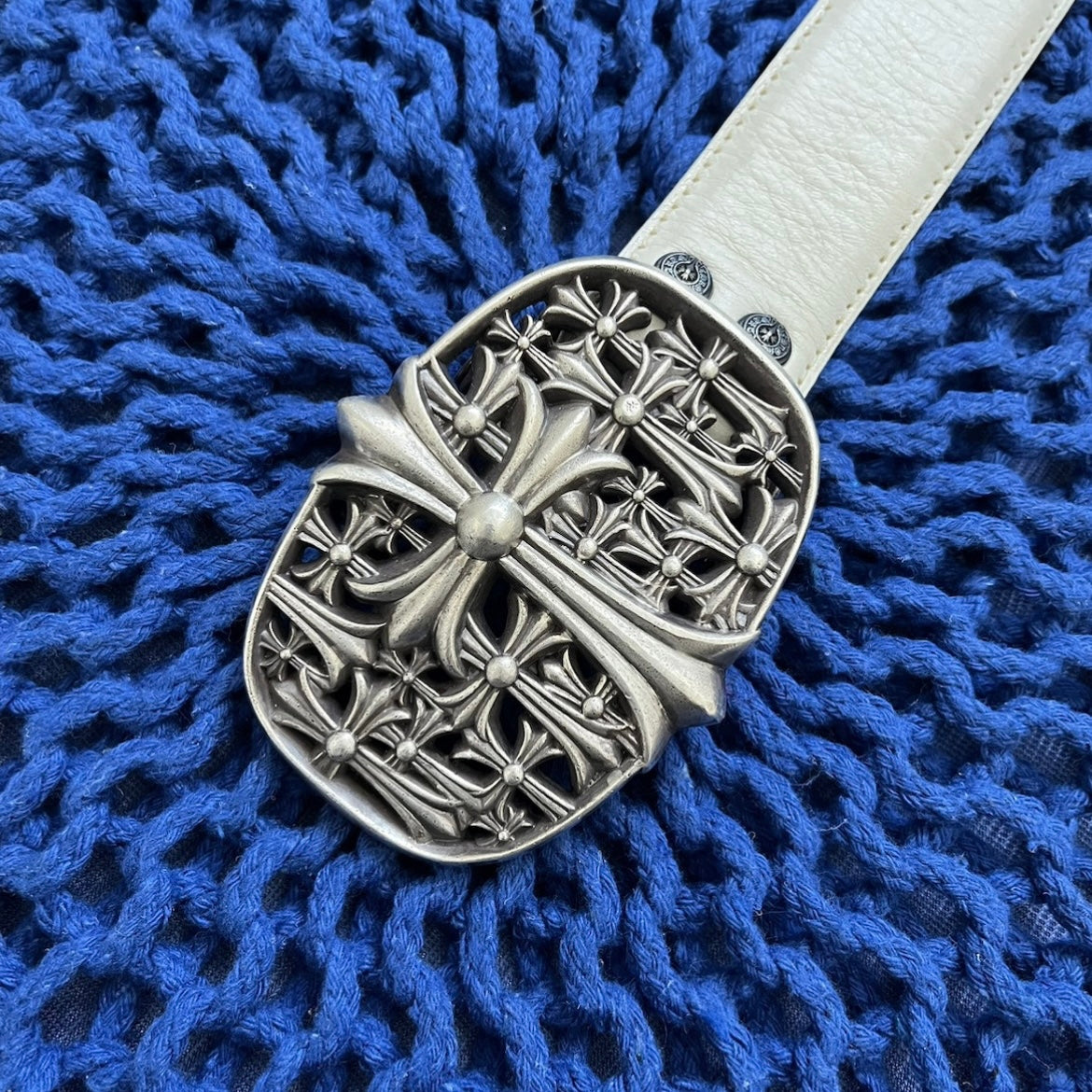 Chrome Hearts Cemetery Belt Buckle & White Leather Belt