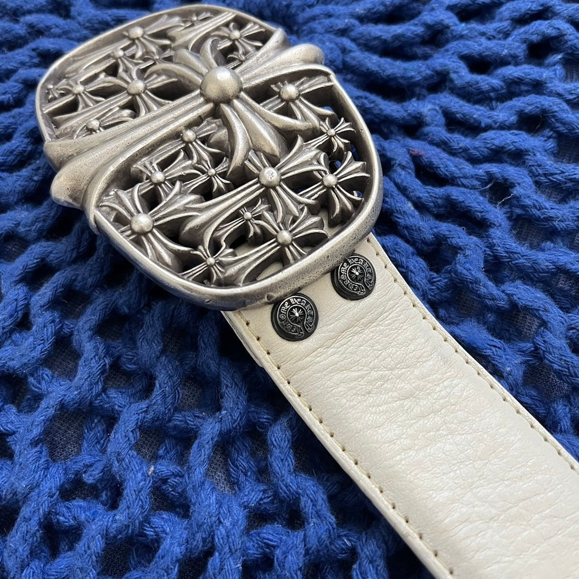 Chrome Hearts Cemetery Belt Buckle & White Leather Belt