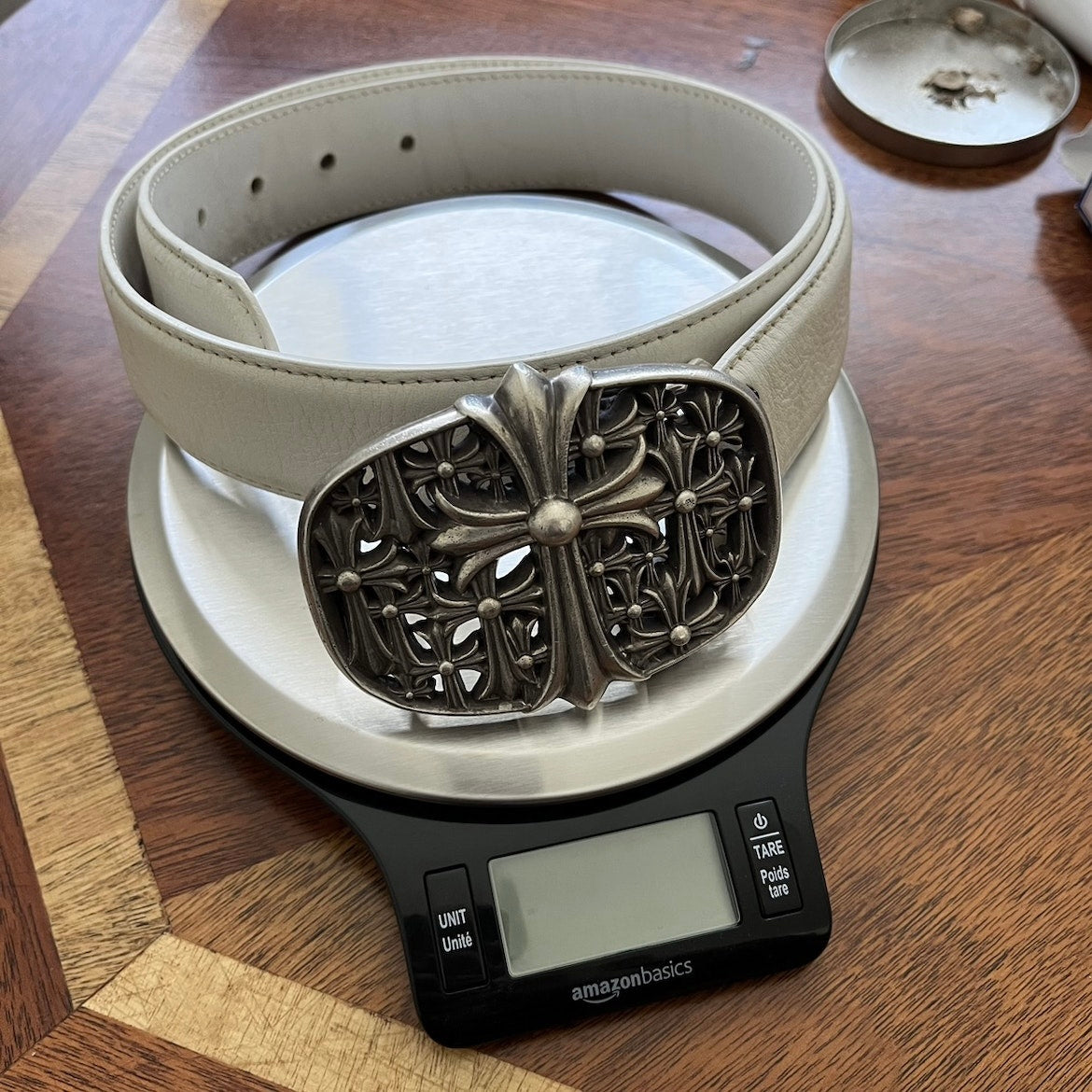 Chrome Hearts Cemetery Belt Buckle & White Leather Belt