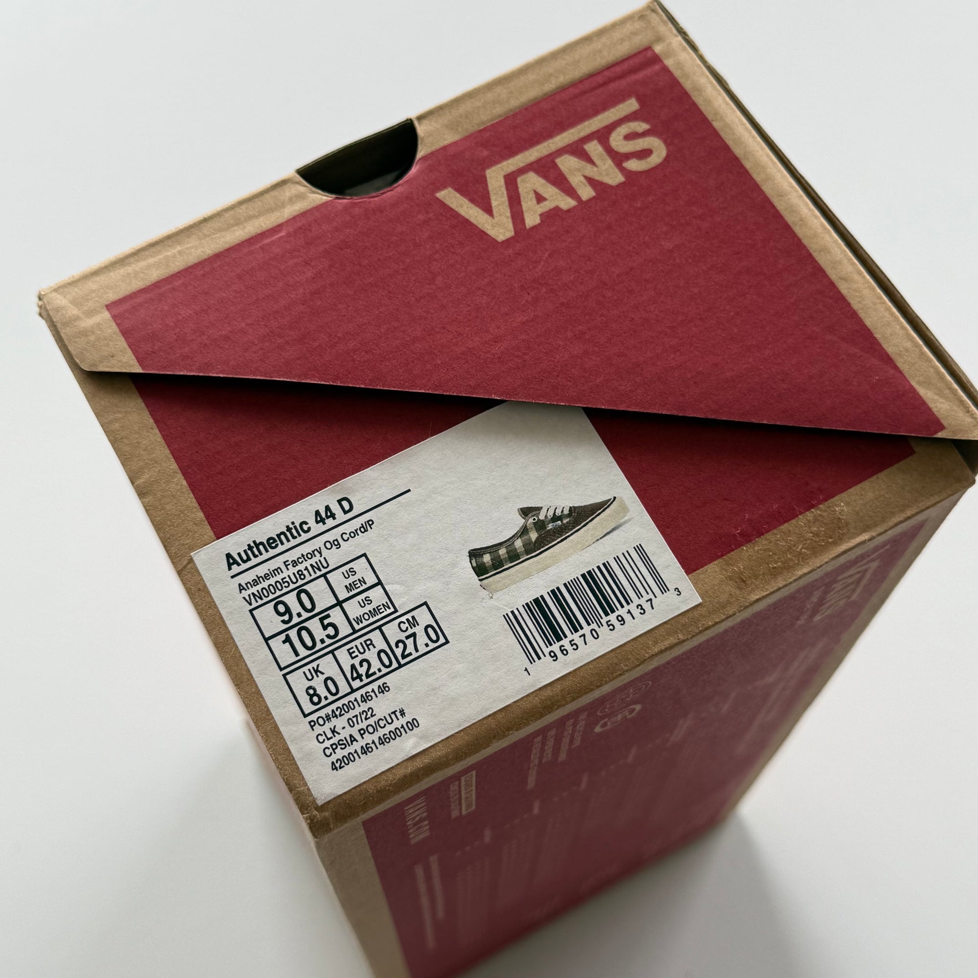 Vans Authentic 44 DX 'Anaheim Factory - Cord Plaid Walnut' (Size 9 or 9.5)