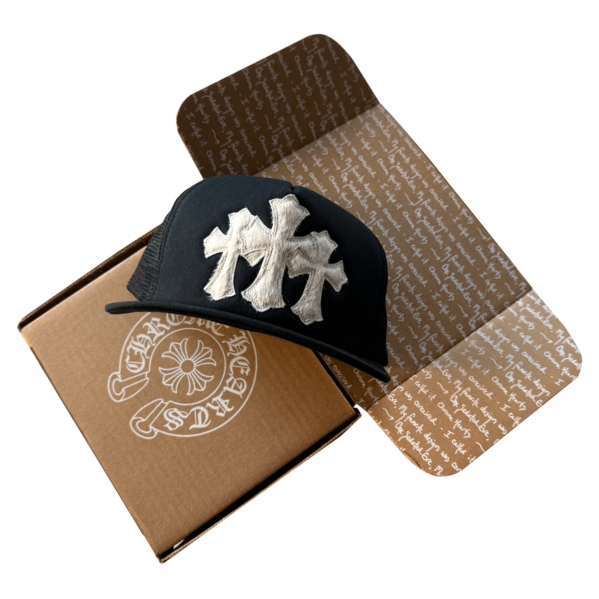 Chrome Hearts 2025 Calf Hair Triple Cemetery Cross Trucker Hat