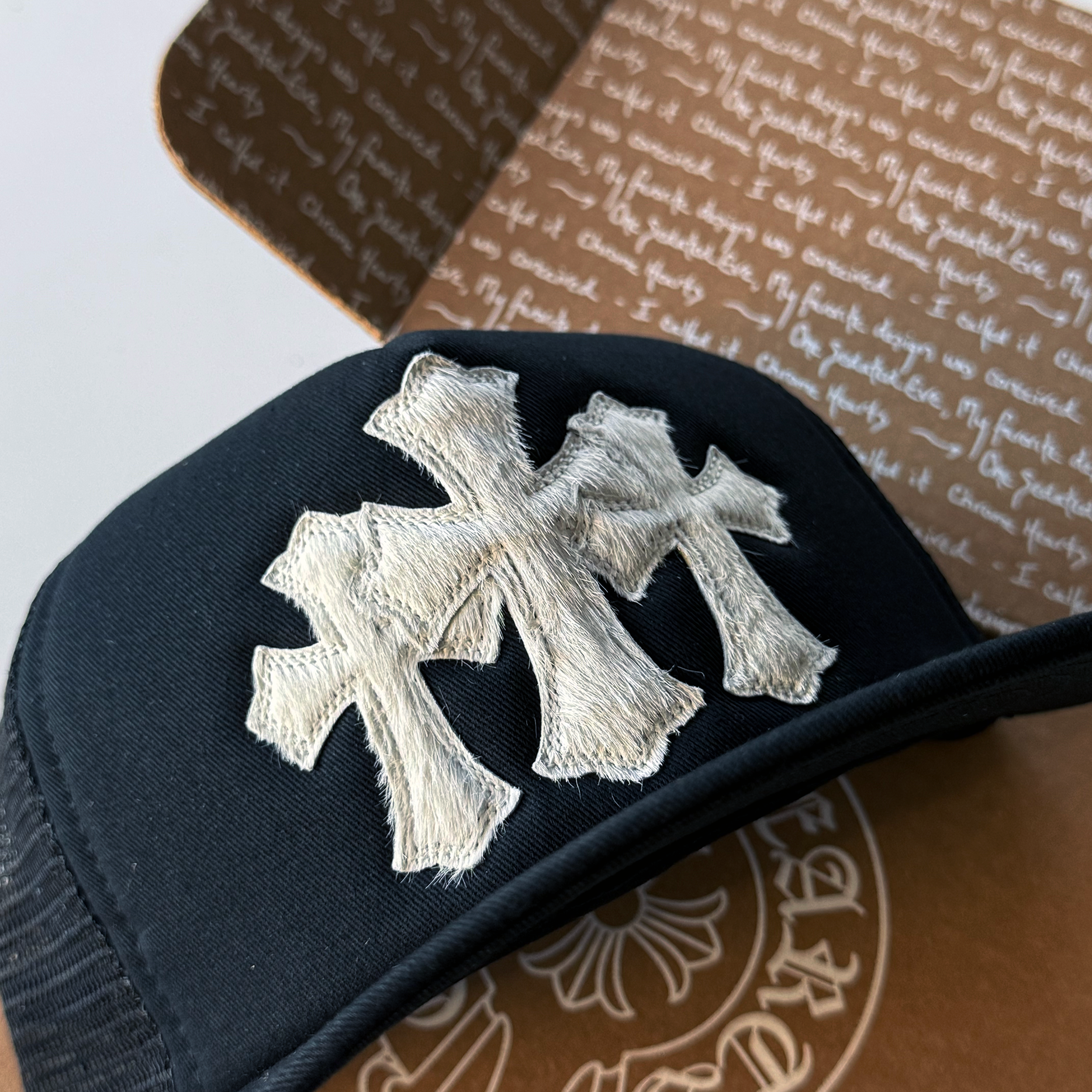 Chrome Hearts 2025 Calf Hair Triple Cemetery Cross Trucker Hat