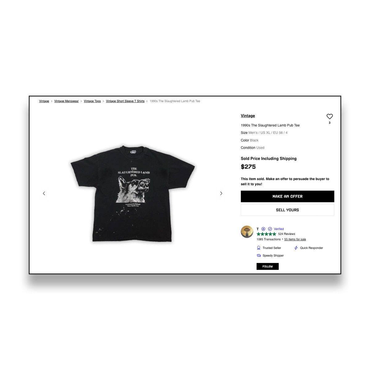 Vintage 1990s The Slaughtered Lamb Pub Tee