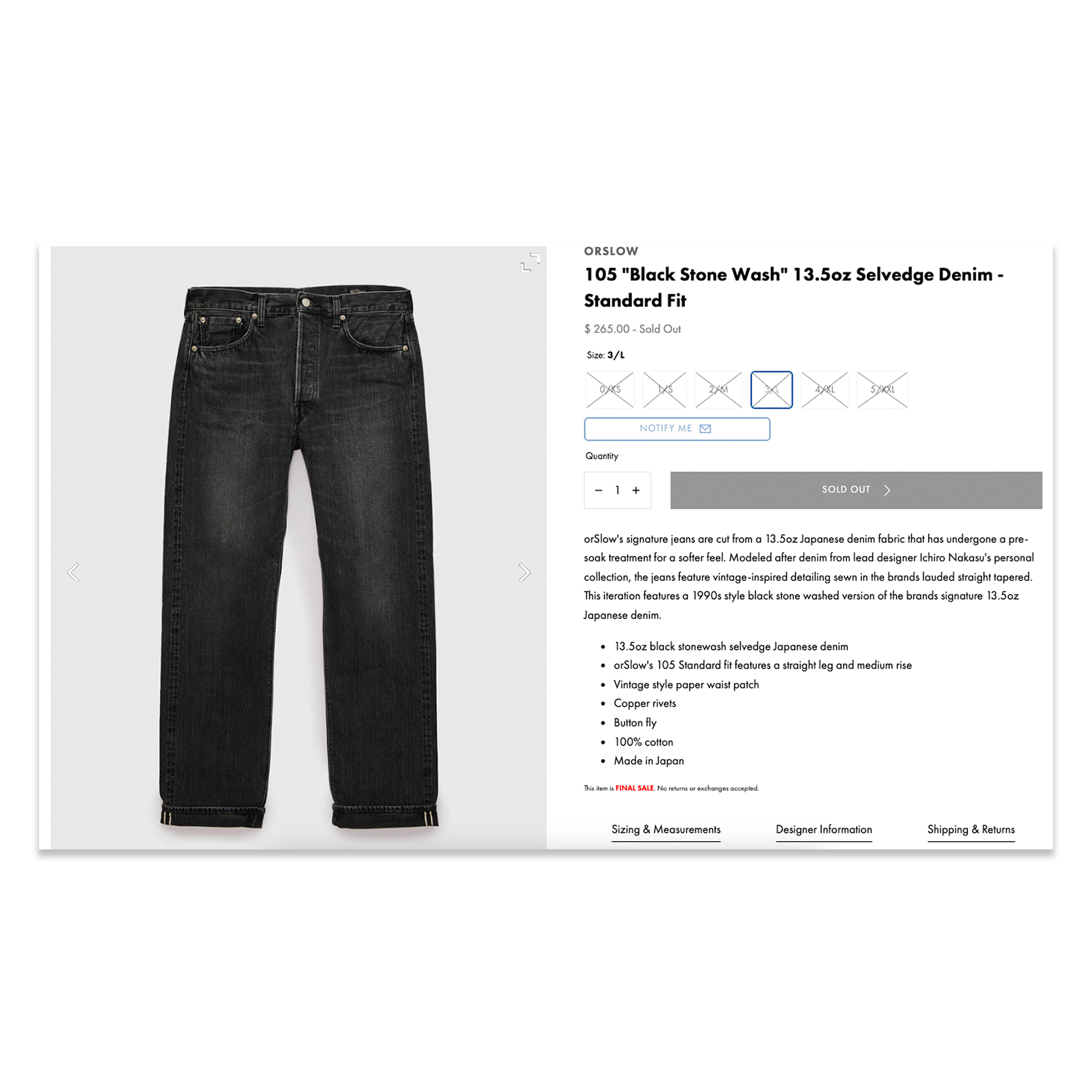 Orslow x Blue Owl 105 Black Stone Wash Selvedge Denim